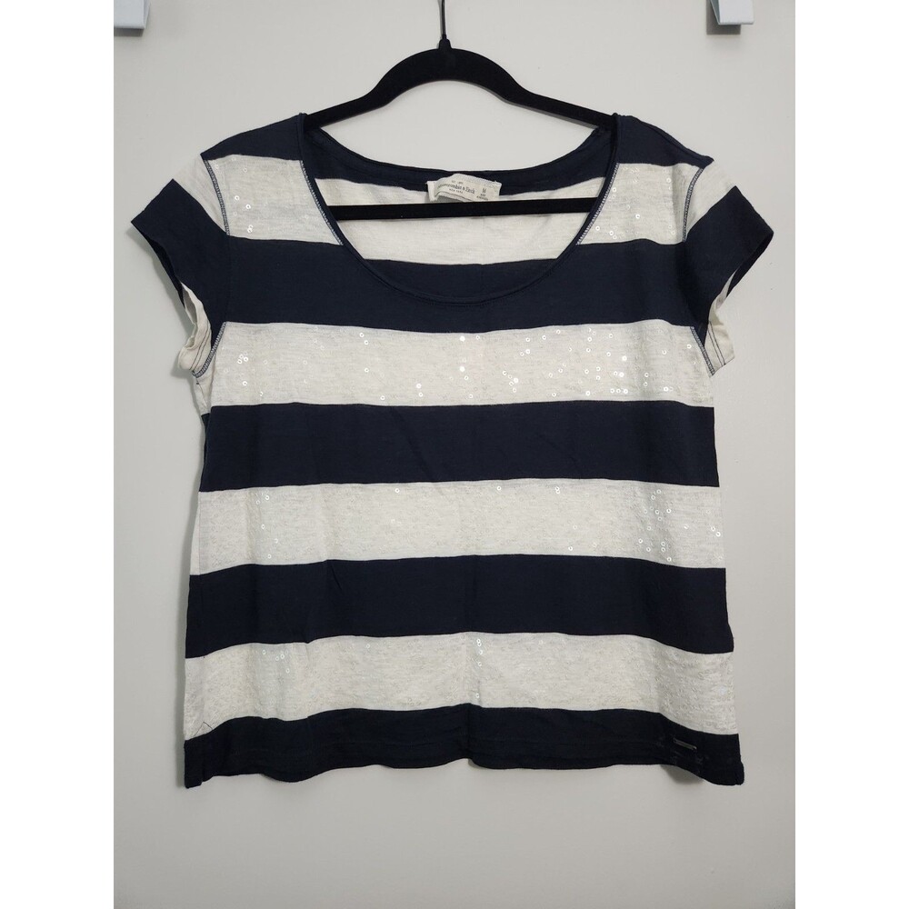 A&F Womens Sz M Short Sleeve Striped Sequin Top Shirt Navy Blue Preppy Coastal